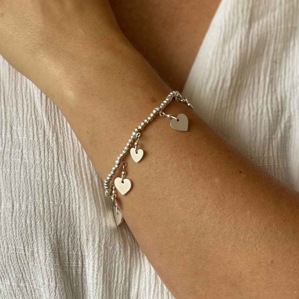 Silver Plate Elasticated Heart Charm Bracelet