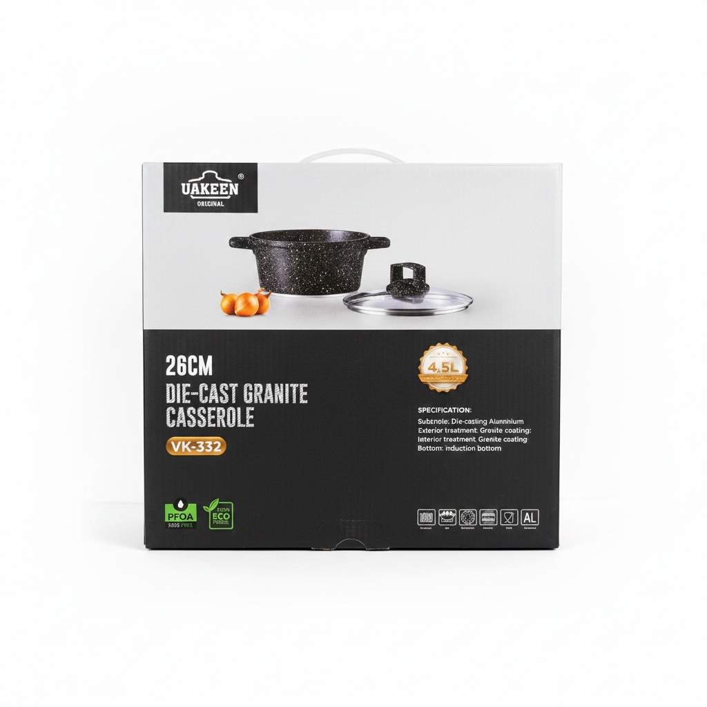 Die-Cast Granite Non-Stick Casserole Pot with Glass Lid — 26cm | 5.4L