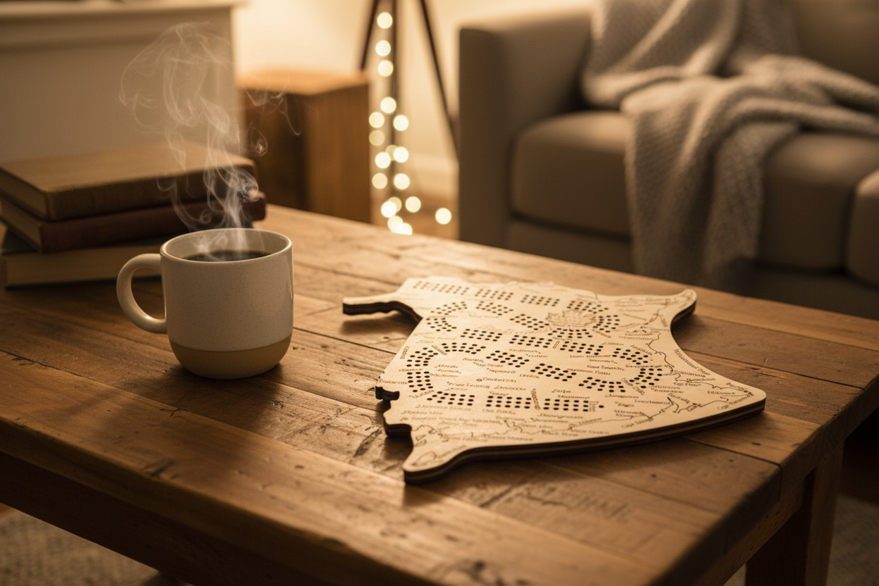New Brunswick Map Cribbage Board โ Handcrafted Wooden Crib Board with Engraved Cities