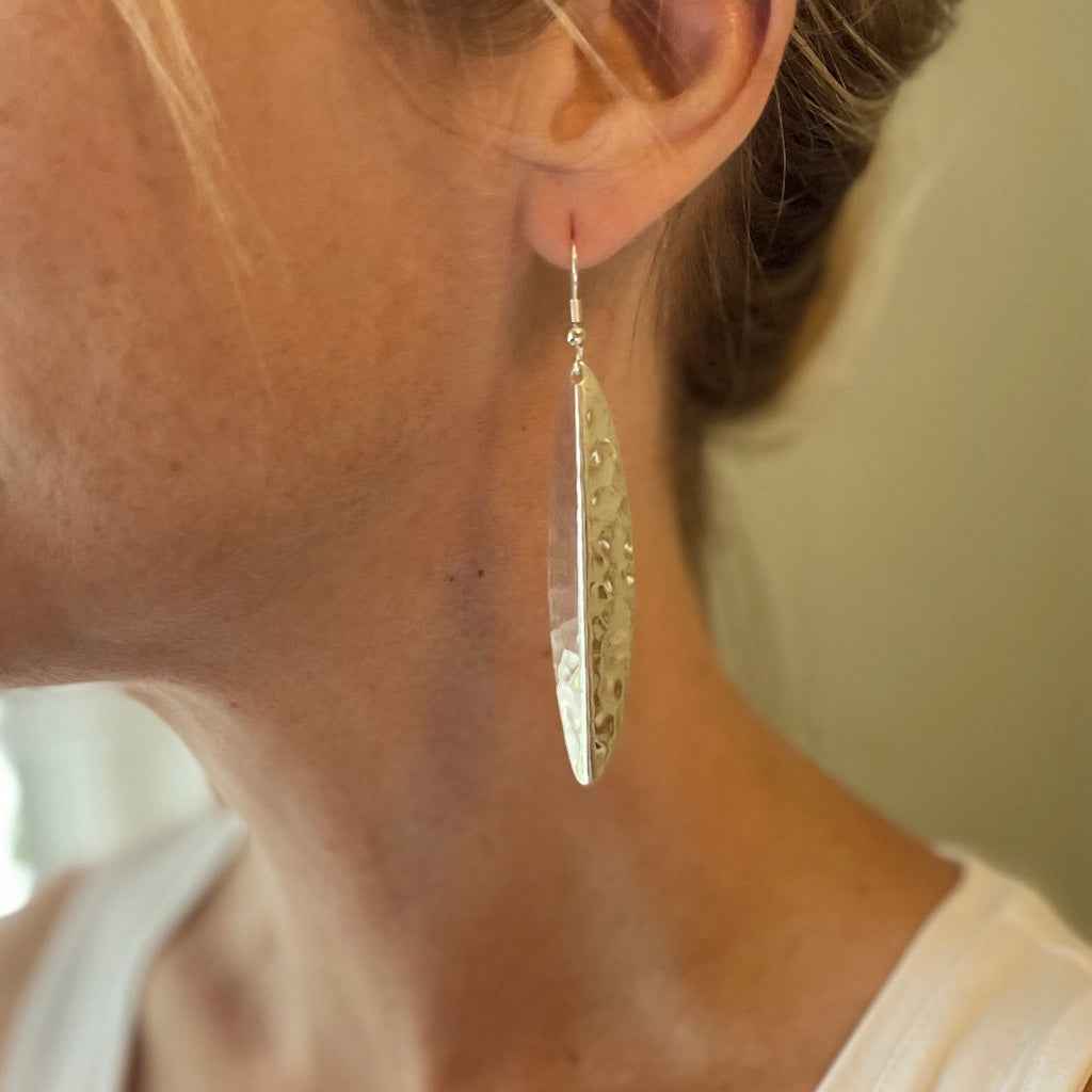 Long Leaf Metal Earrings - Silver Colour