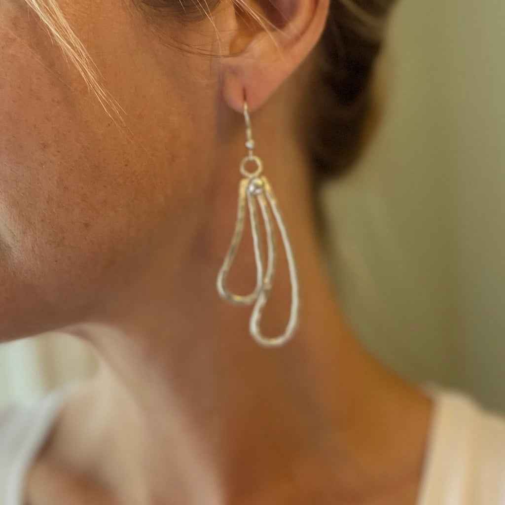 Double Teardrop Metal Earrings - Silver Colour
