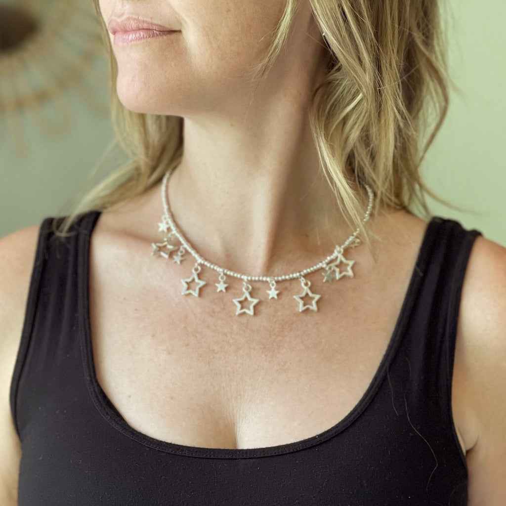 Silver Plate Short Charm Necklace With Drop Stars
