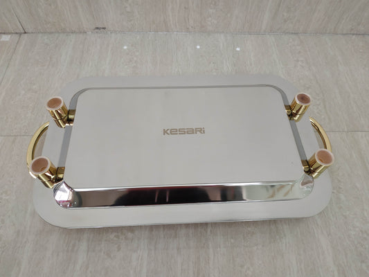 Stainless Steel Rectangular Serving Tray with Gold Handles