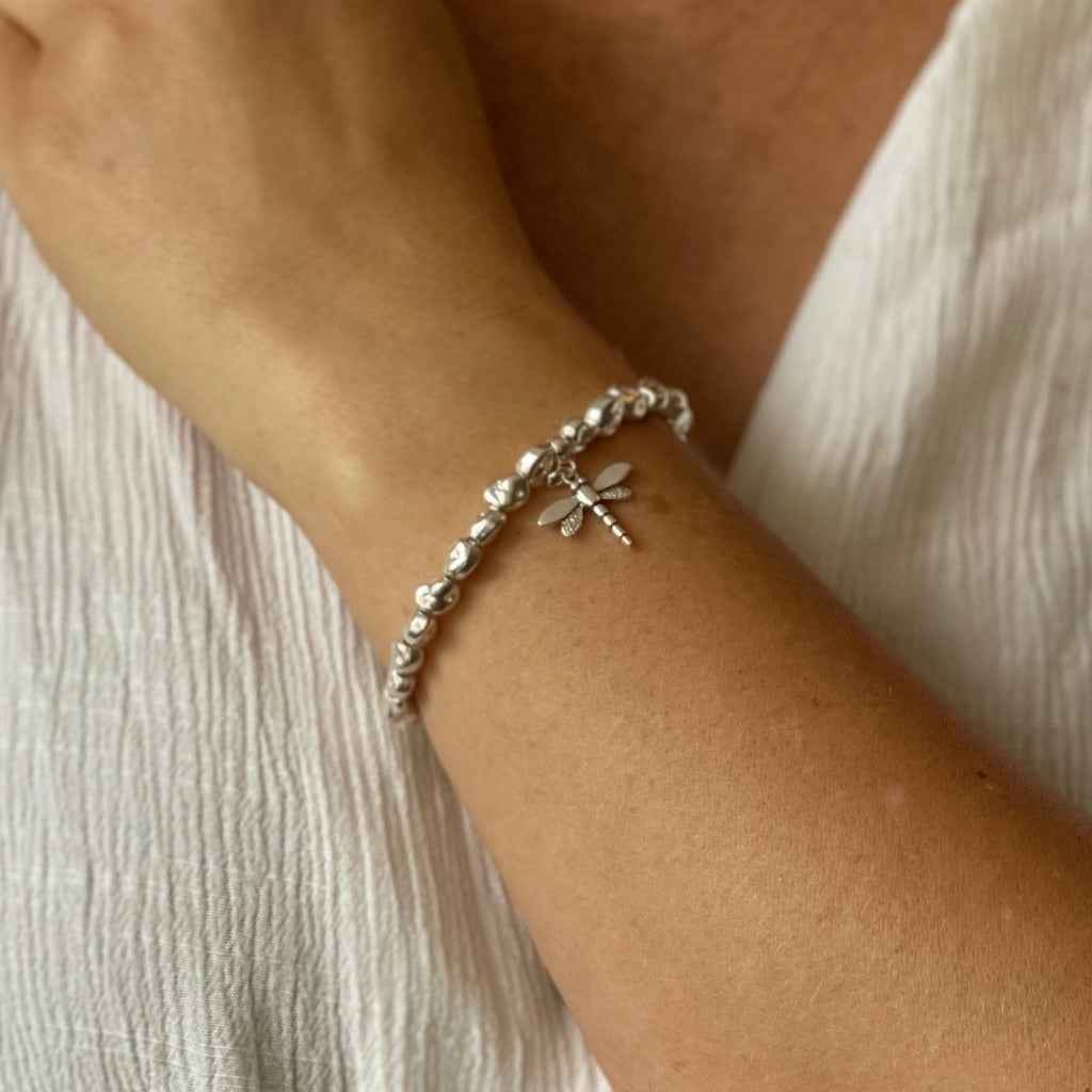 Dragonfly Charm Nugget Bracelet in Silver Plate