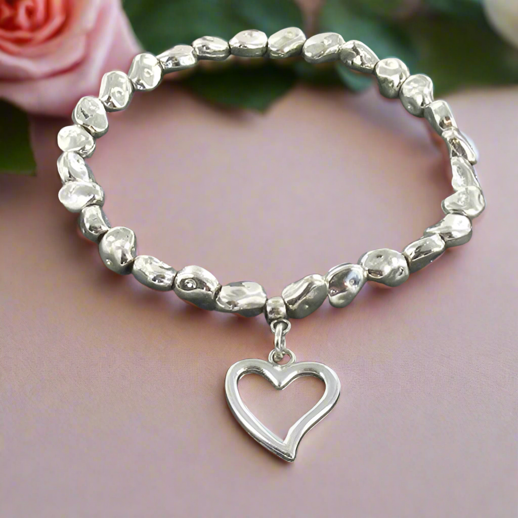Heart Charm Nugget Bracelet in Silver Plate