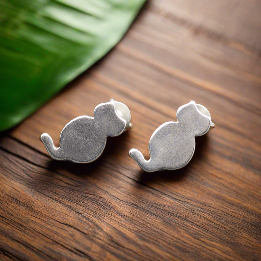 Cat Silver Plate Stud Earrings
