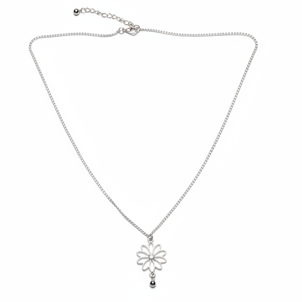 Single Flower Necklace In Silver Plate