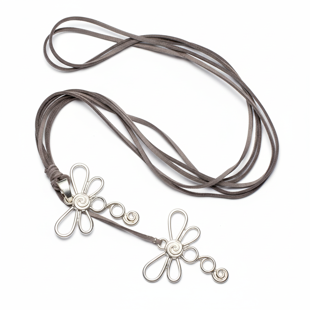 Double Dragonfly Necklace On Suede In Silver Plate