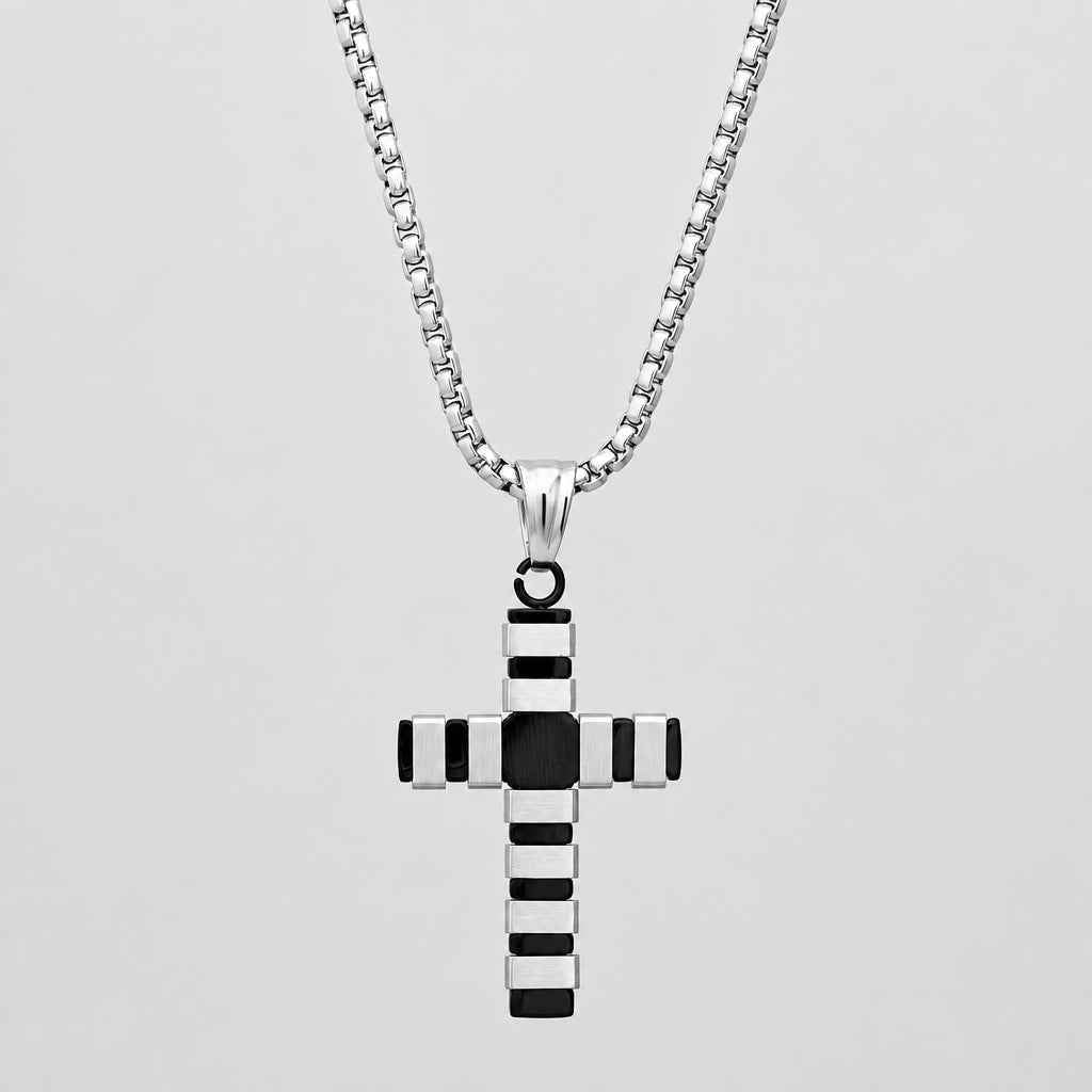 Steeltime Striped Cross Pendant Necklace | Stainless Steel Necklace