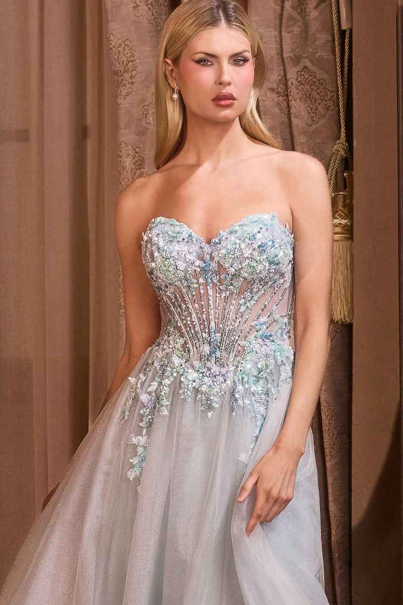 Delicate beaded floral motif & layered glitter tulle