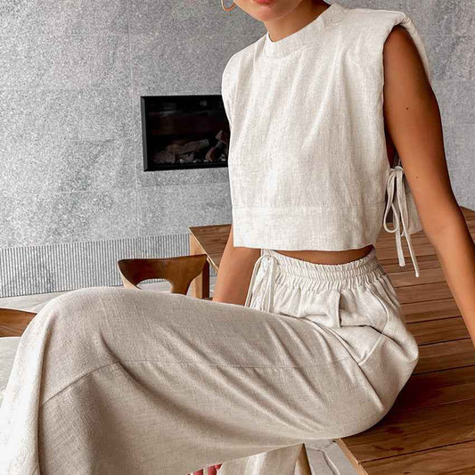 Women's Cotton Linen Two Piece Set – Sleeveless Blouse and Wide Leg Trousers Outfit