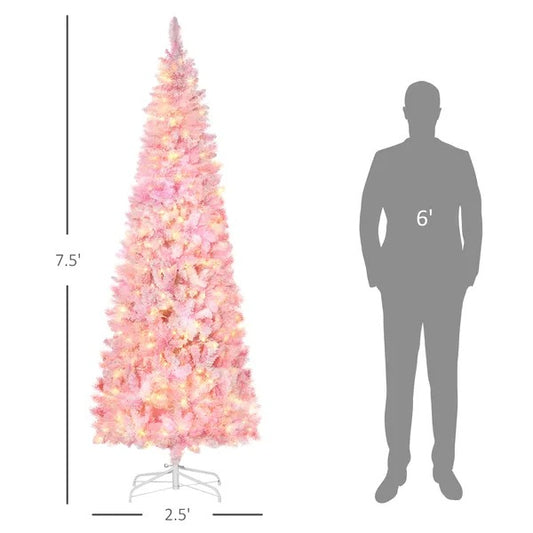 7.5-Foot Pink & White Flocked Pencil Christmas Tree – Pre-Lit with 700 Branches & Warm White LEDs (United States & Canada Delivery Only)