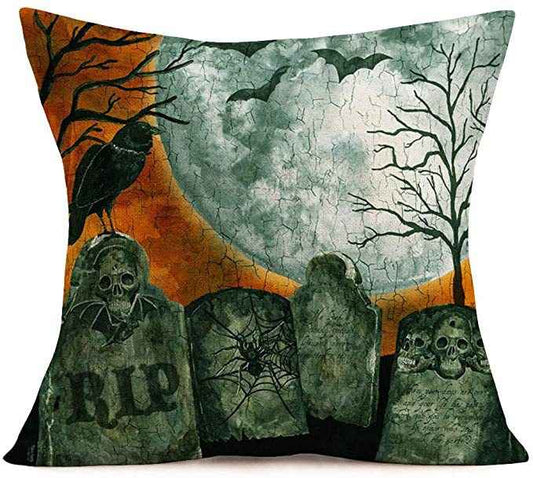 Halloween Skull Throw Pillow Cover – Gray Green Tombstone Cushion Cover