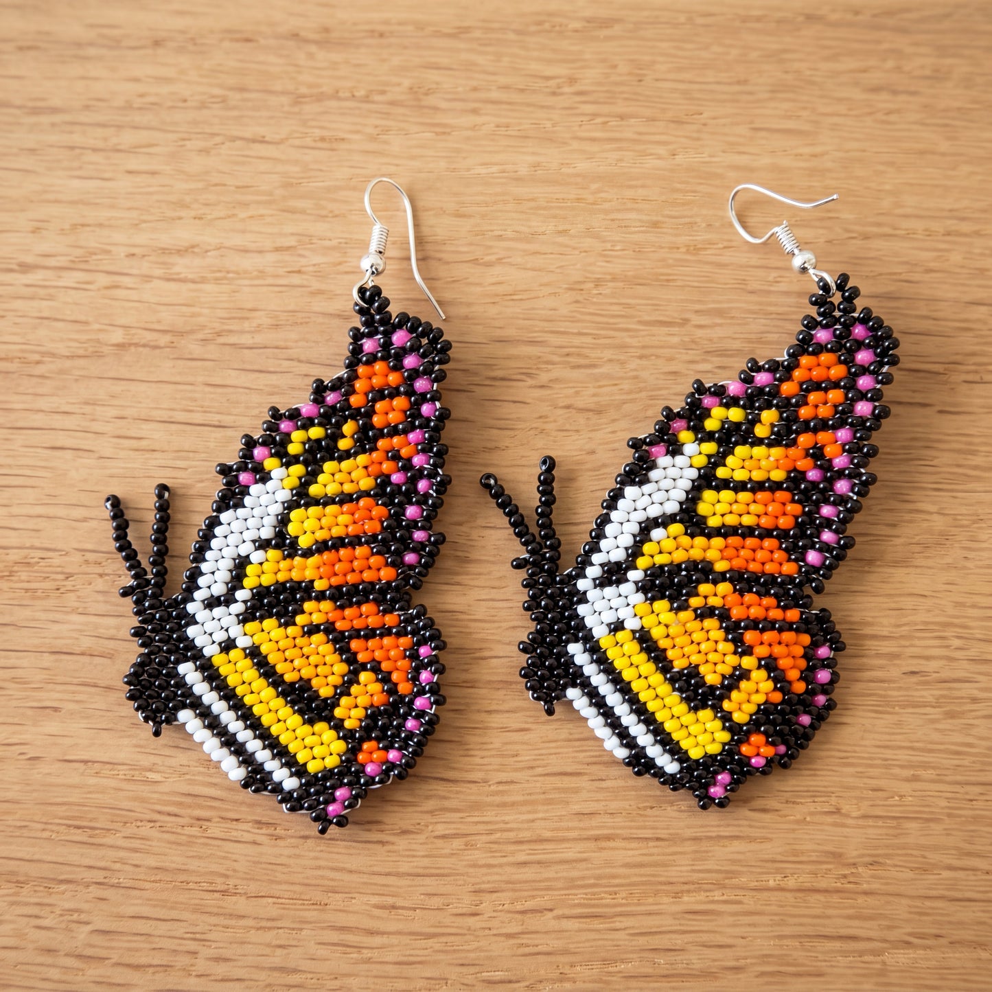 Beaded Butterfly Earrings — Black, Gold & Pink