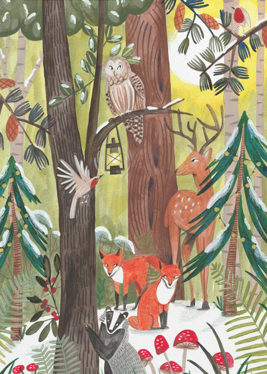 Wall art Green Christmas forest with animals Canvas Print