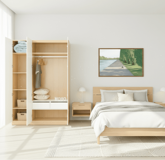 Vline Natural Wood Bed & Vienna 3-Door Wardrobe Combo