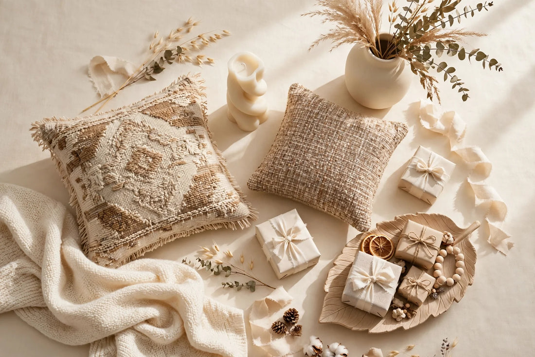 Brunch-time cozy home gift picks — throw blanket, candle, cushion, vase, tapestry pillow and leaf tray on a warm cream background
