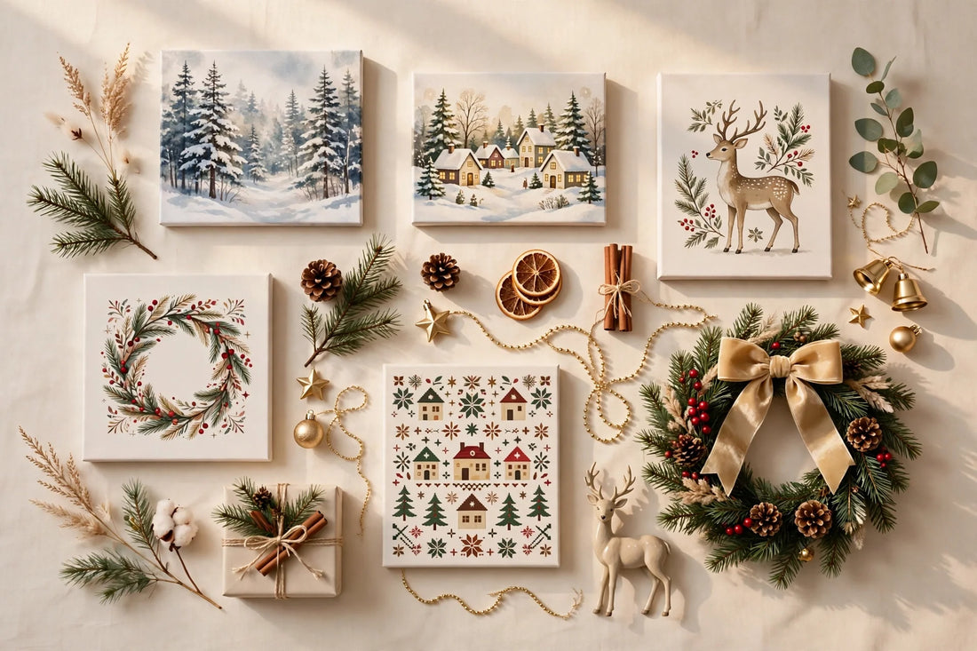 Christmas canvas wall art gifts flat-lay on a warm cream background