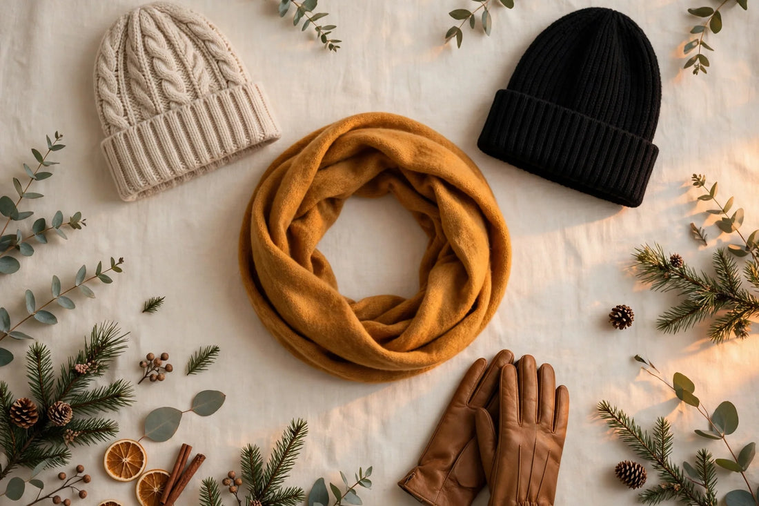 Cozy winter accessories Christmas gifts flat-lay