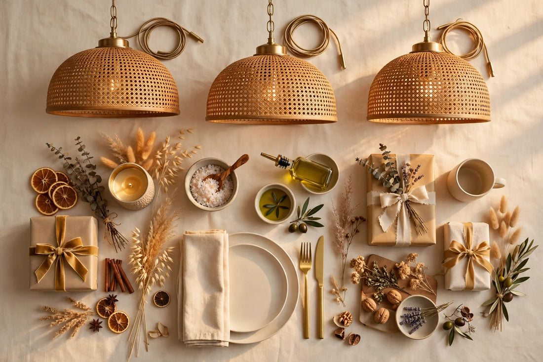 Golden-hour gift guide flat-lay of kitchen pendant lights and presents on a warm cream background