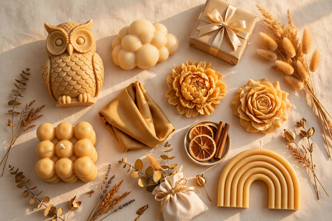 Golden-hour flat-lay of sculptural soy candles in owl, bubble, cloud, peony, rose and rainbow shapes in warm golden tones