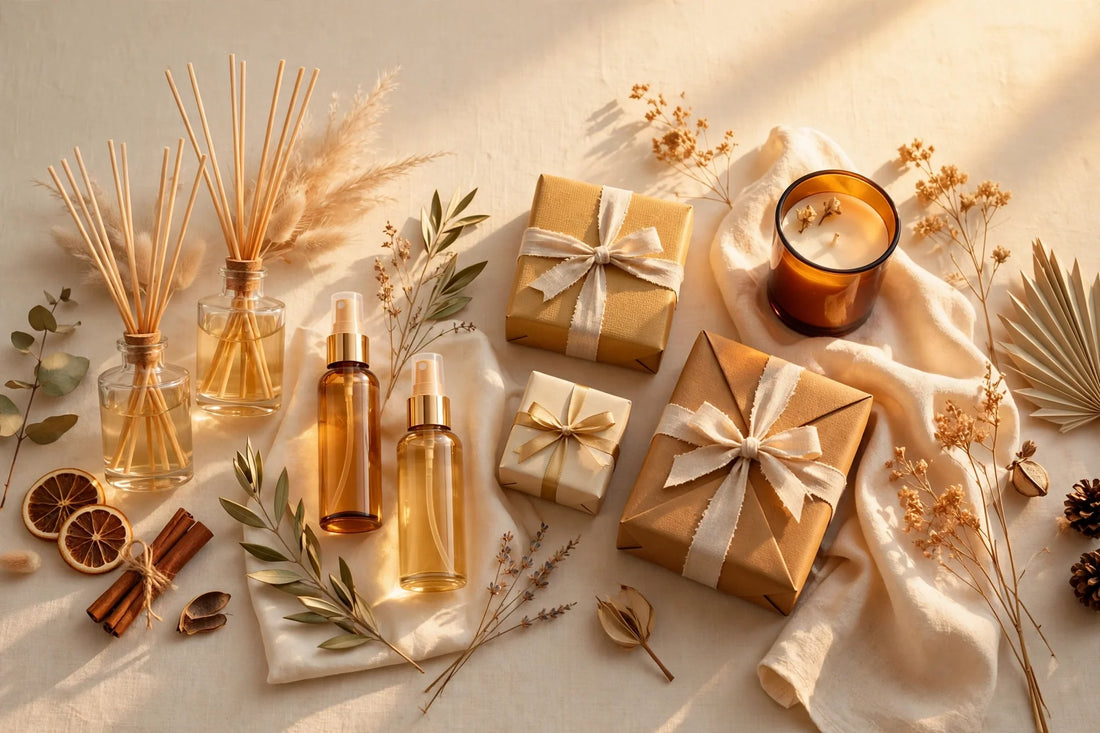 Golden-hour flat-lay of reed diffusers, room and linen sprays and gift boxes in warm golden tones on a cream background