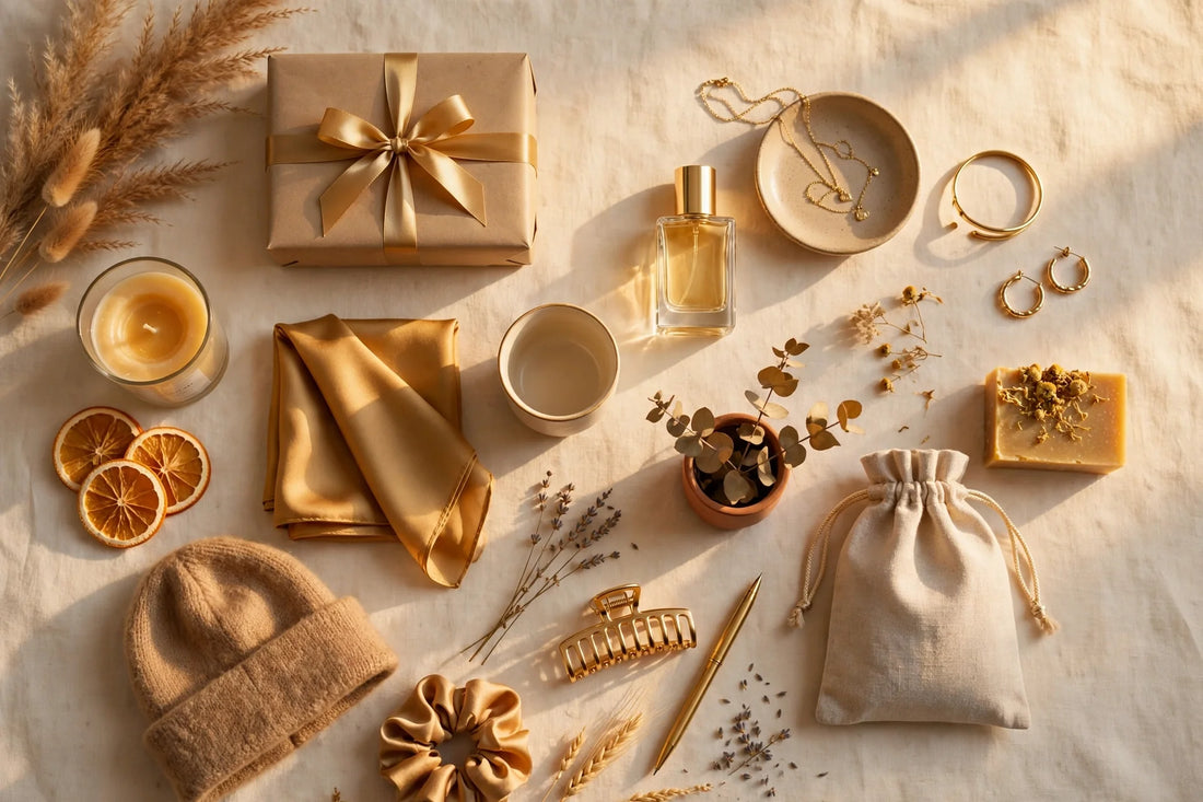 Golden-hour flat-lay of curated gift presents in warm golden tones on a warm cream background