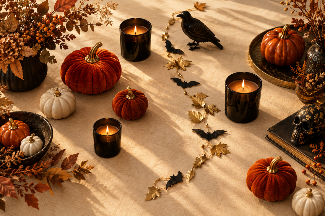 Halloween home decor flat-lay with velvet pumpkins, candles in black holders, and a golden bat garland on cream linen