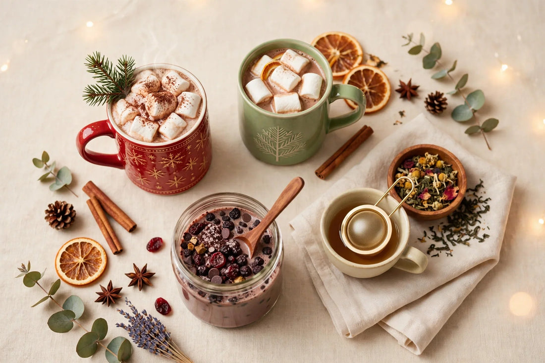 Christmas mugs and cozy drink gifts flat-lay
