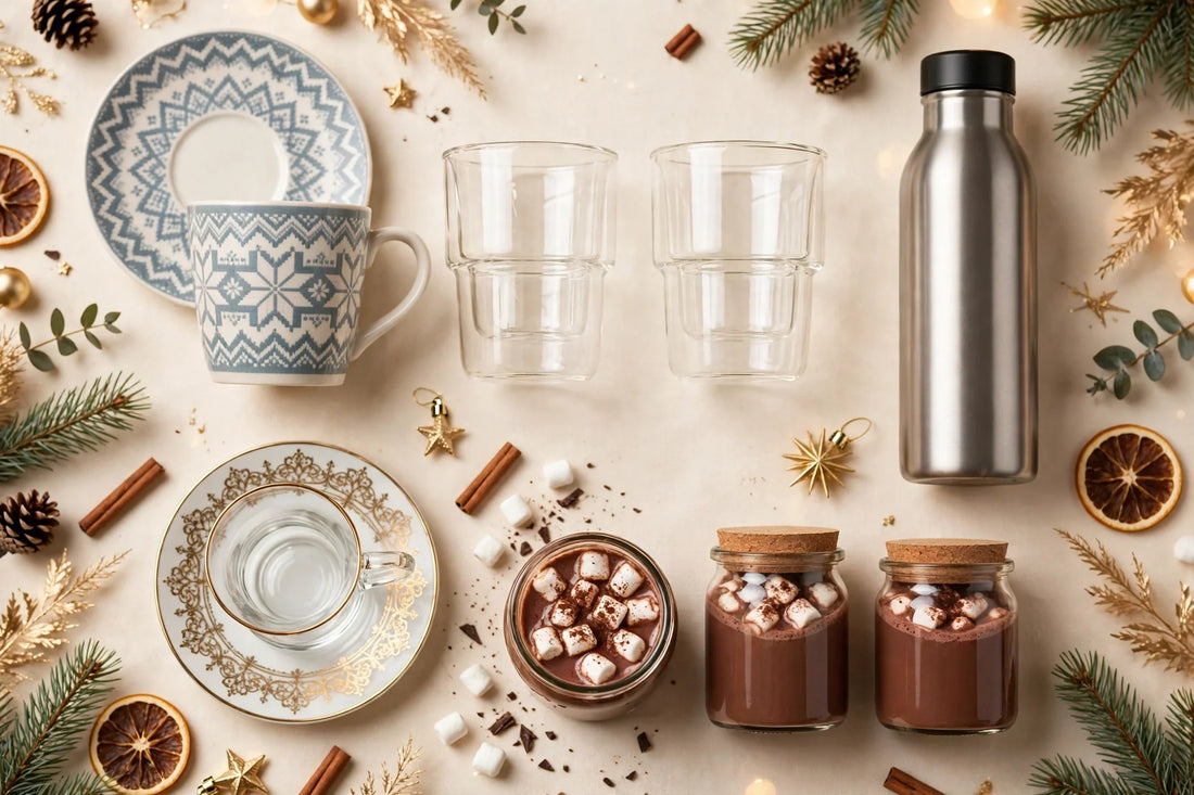 Christmas mugs and cozy drink gifts flat-lay