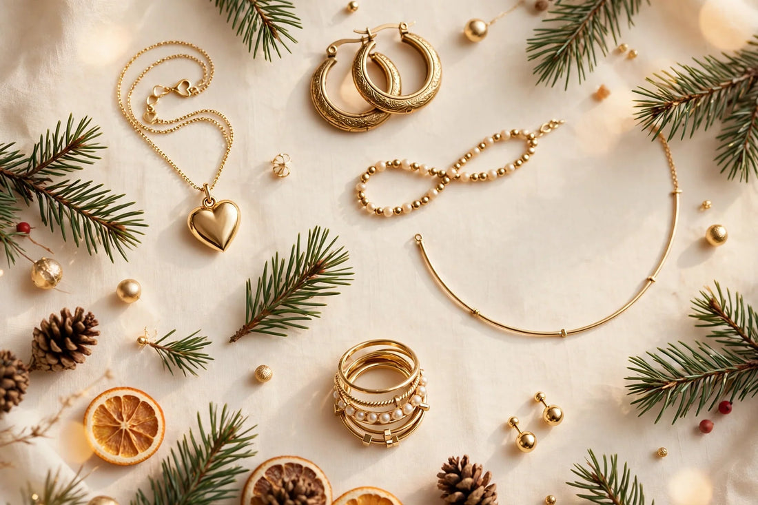 Christmas jewelry and accessory gifts flat-lay on a warm cream background