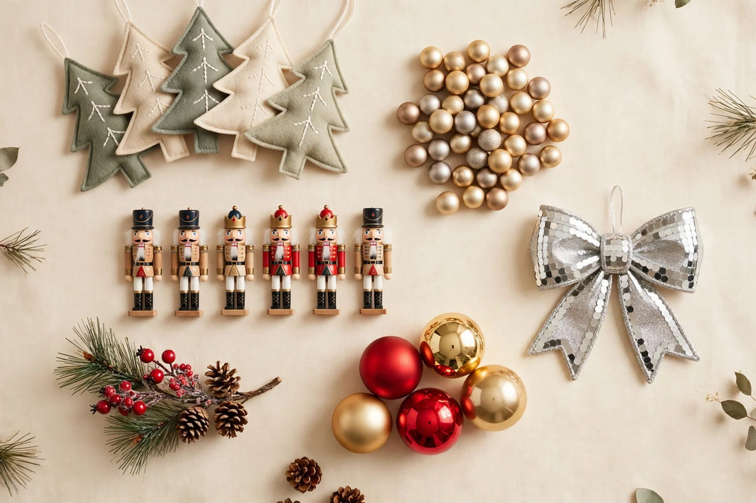 Elegant flat-lay of Christmas ornaments and tree decor gifts on a warm cream background with a soft festive glow