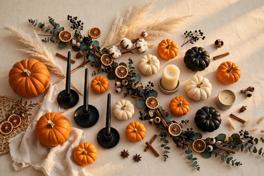 Flat-lay of autumn home decor in deep orange, black, and cream tones in golden late-afternoon light