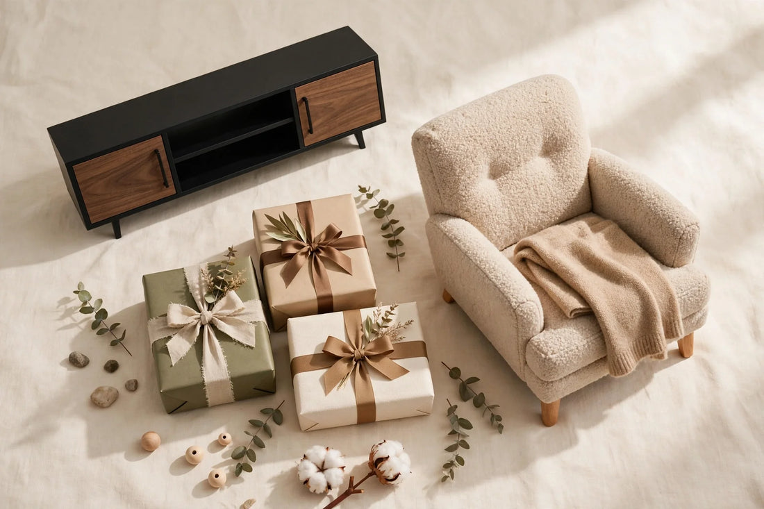 Late-morning gift finds for him — TV stand, recliner and gift boxes on a warm cream background
