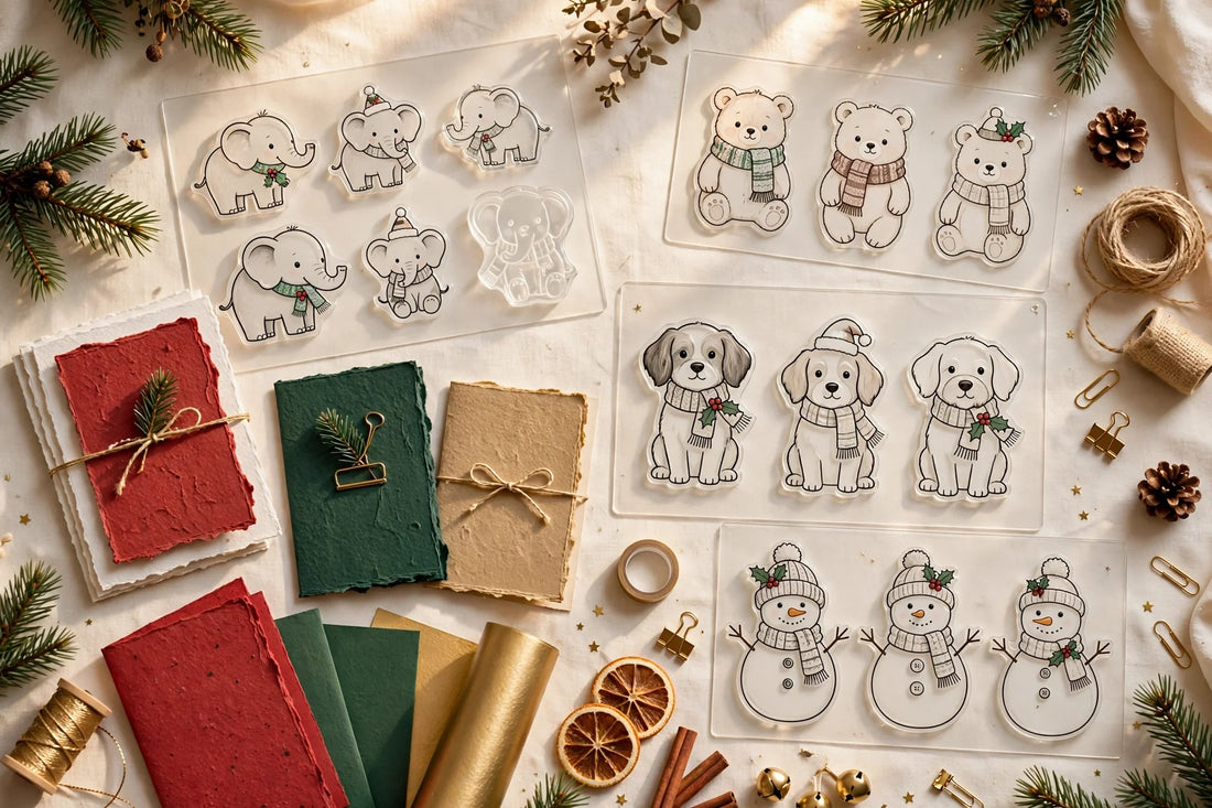 Christmas clear stamp gifts flat-lay with festive stamp sheets, handmade cards and craft paper on a warm cream background
