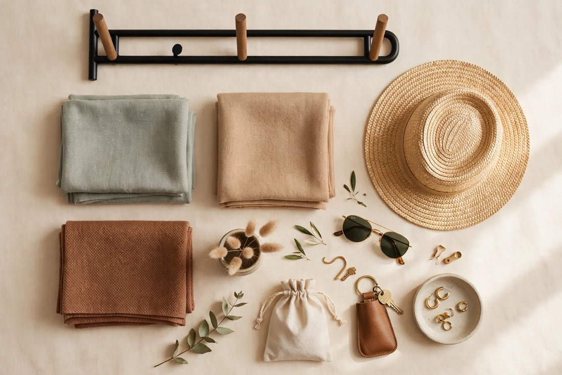 Entryway organization flat-lay with a wall-mounted coat rack with wooden pegs, folded scarves and a straw hat on a warm cream background