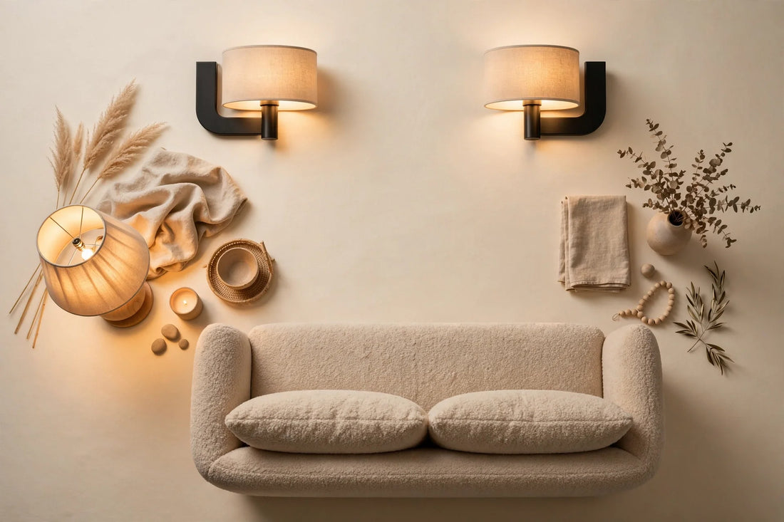 Evening ambience flat-lay of glowing table lamp, wall sconces and cozy sofa