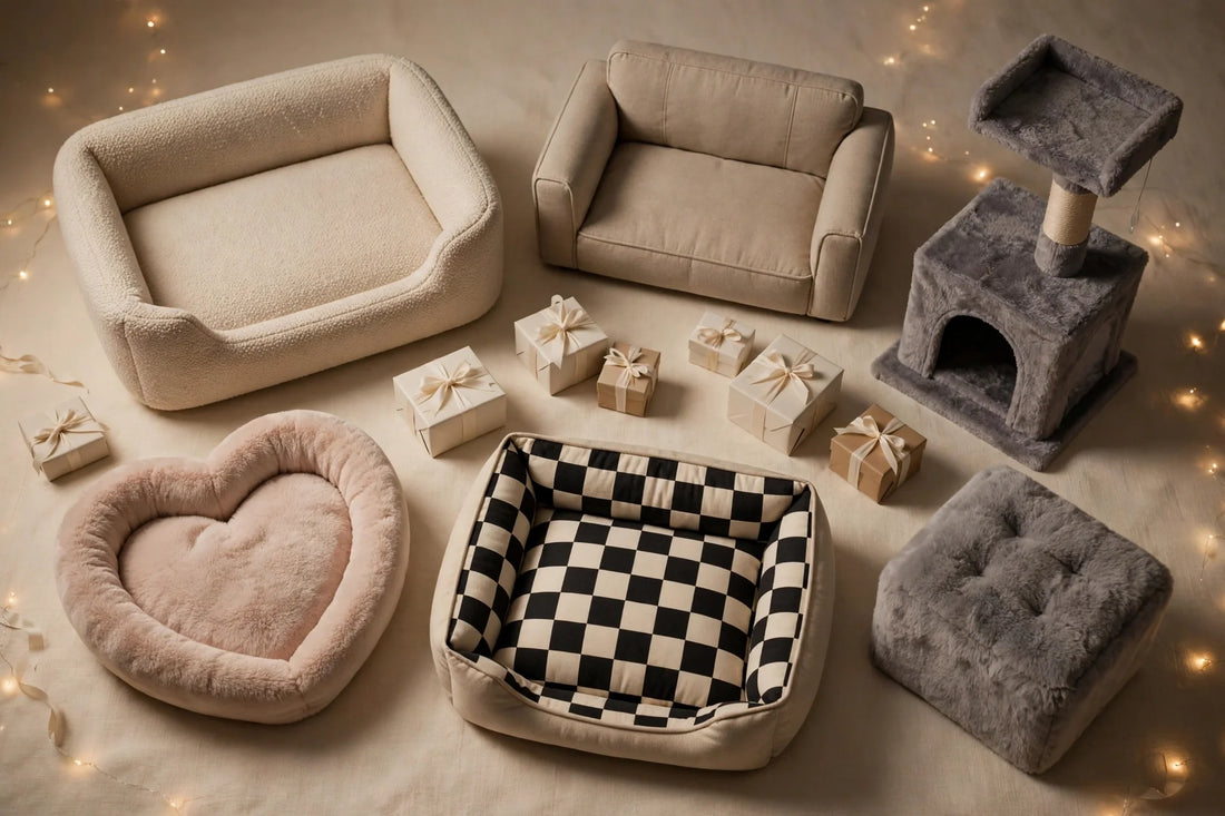 Nightcap gift picks for pet lovers — pet beds, sofa beds, cat tree and pet ottoman flat-lay