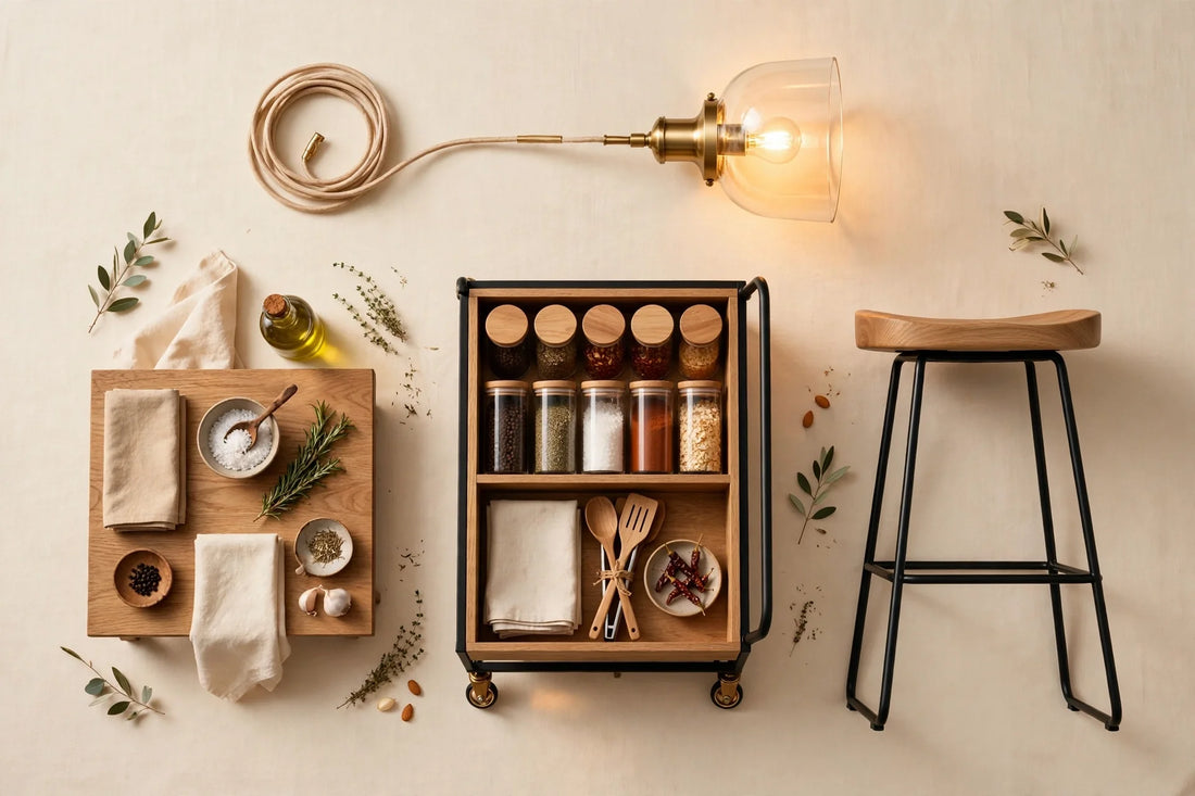 Kitchen gifts for the cook: pendant lamp, rolling kitchen cart and bar stool on warm cream
