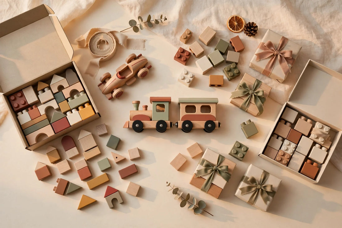 Flat-lay of children's building-block toy sets, a toy race car and a toy train with gift boxes on a warm cream background