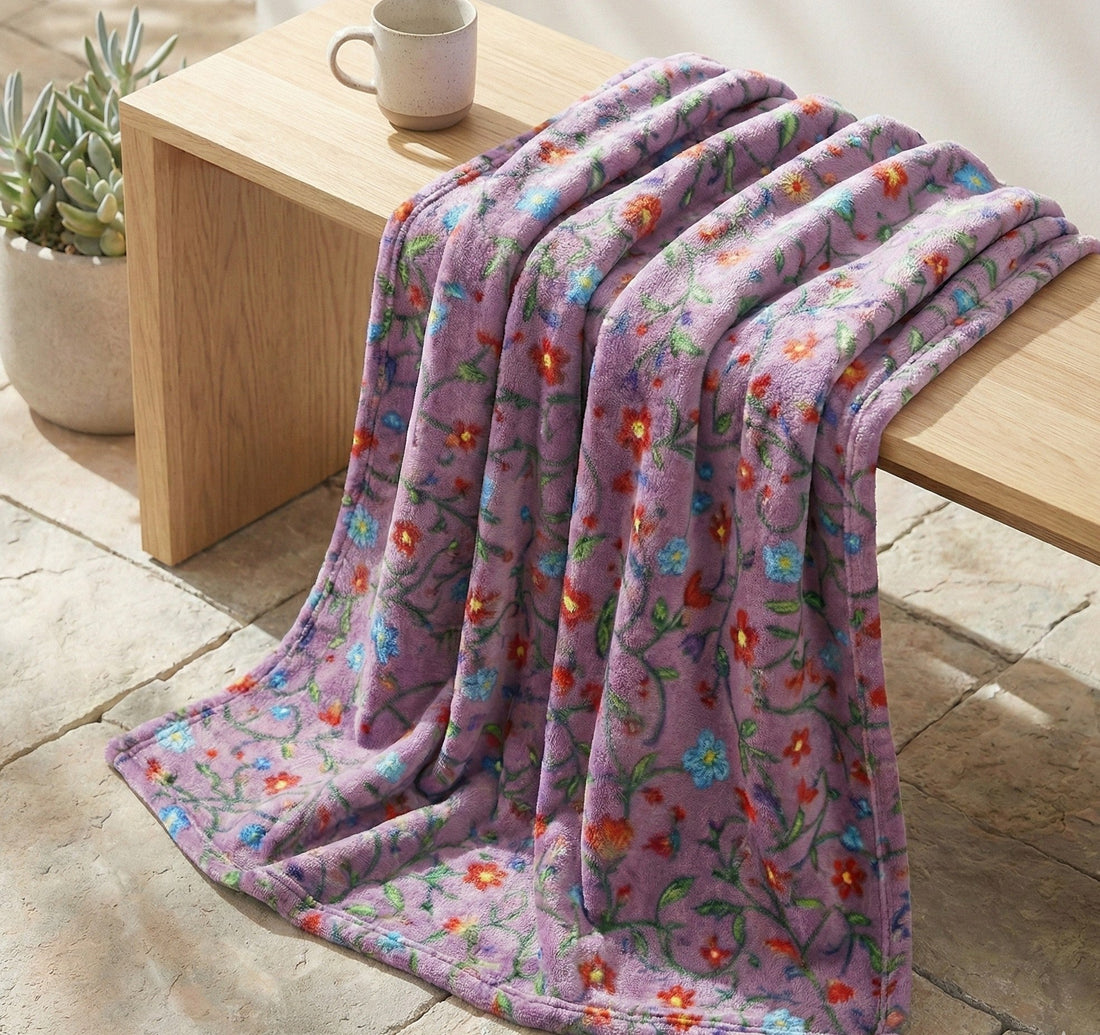 Purple floral plush throw blanket