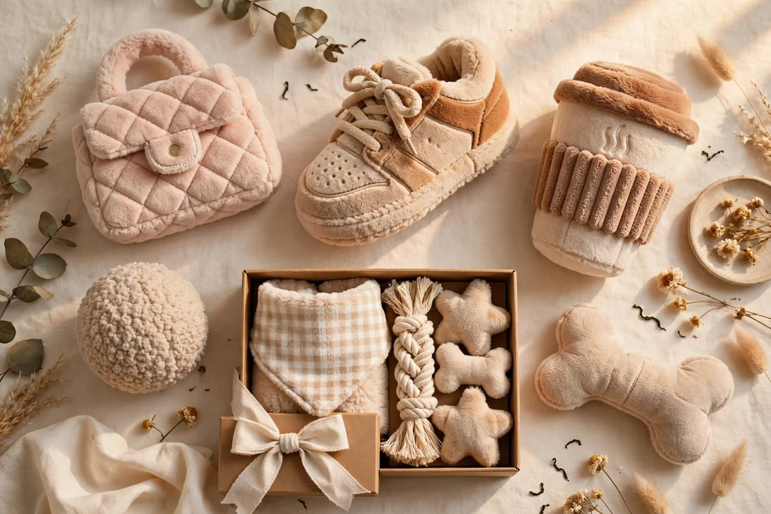 Elegant flat-lay of designer-inspired plush dog toys — a quilted handbag, a shoe, a coffee cup, a ball, a bone and a dog toy gift set on a warm cream background