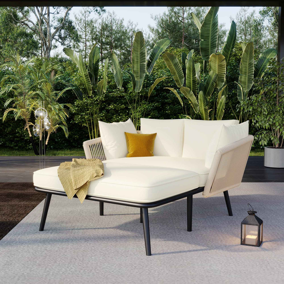 Beige Outdoor Garden Sofa – Patio Lounge Furniture with Removable Washable Cushions