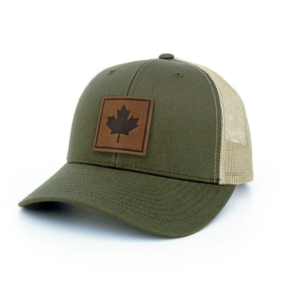 Maple Leaf Leather Patch Trucker Hat Square