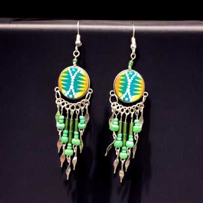 Green and Yellow Southwestern Round Shaped Dangle Earrings