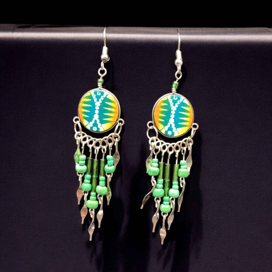 Green and Yellow Southwestern Round Shaped Dangle Earrings