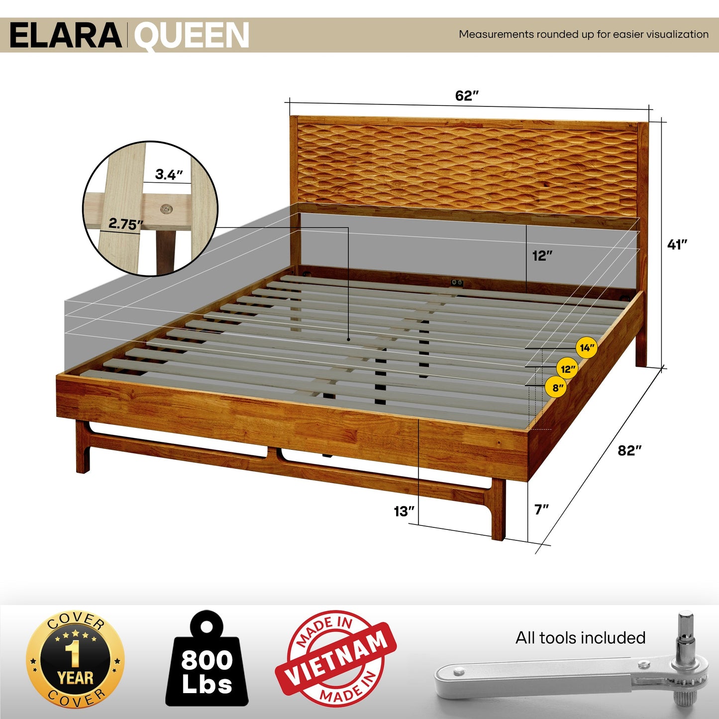 Elara Solid Wood Bed Frame