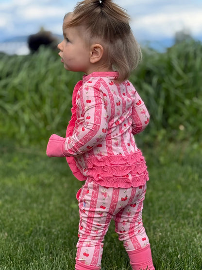 Convertible Footed One Piece - Pink Strawberry & Cherry Bows