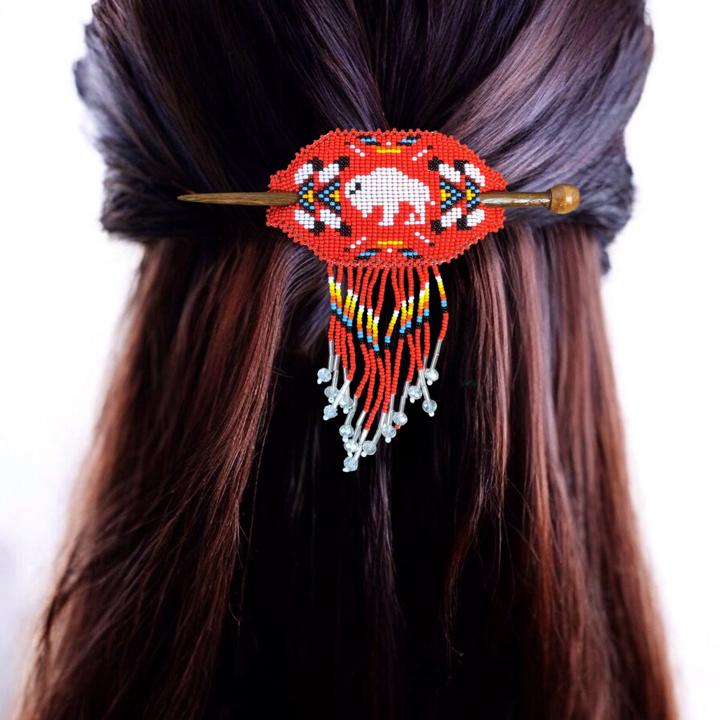 Buffalo Fringed Beaded Barrette & Wooden Stick