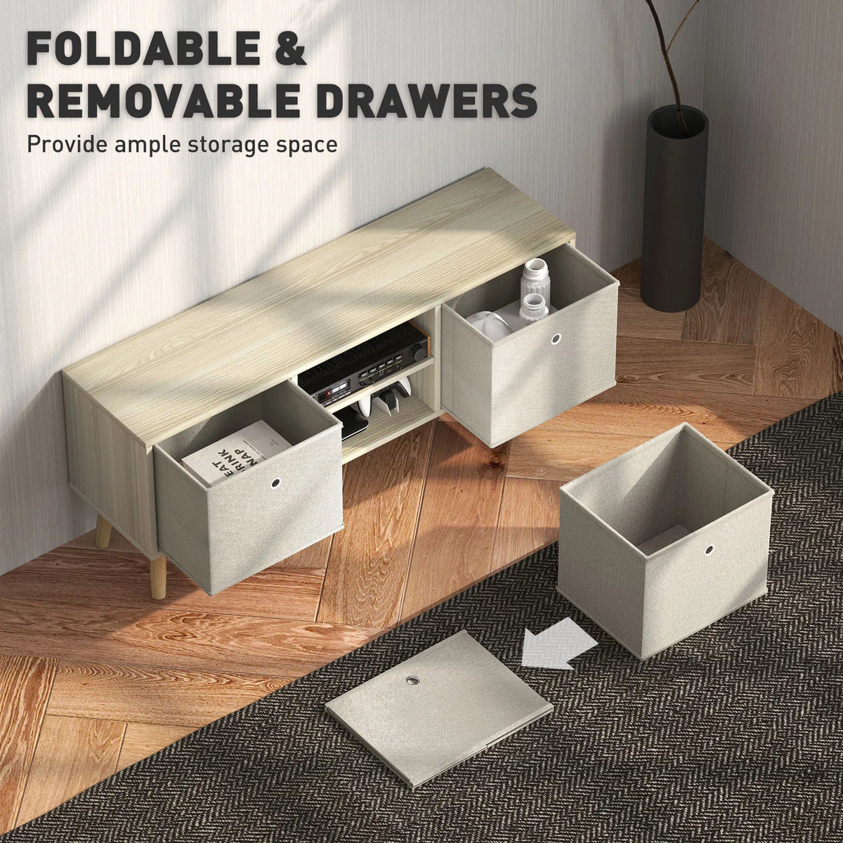 Natural Modern TV Stand Cabinet – Media Console with Foldable Drawers & Storage Shelves (United States & Canada Delivery Only)